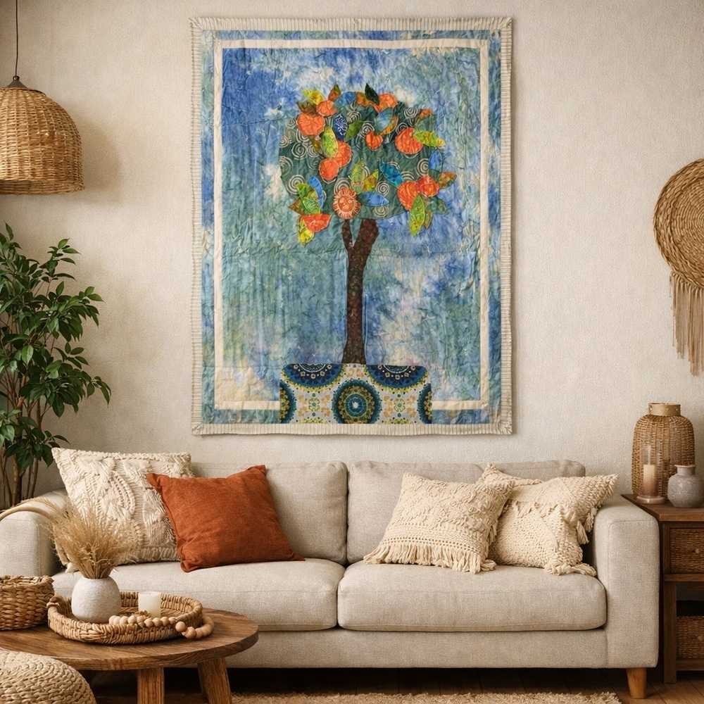 Vintage Folk Art Tree Applique Quilt Wall Hanging 39x53 Boho Fiber Art Handmade